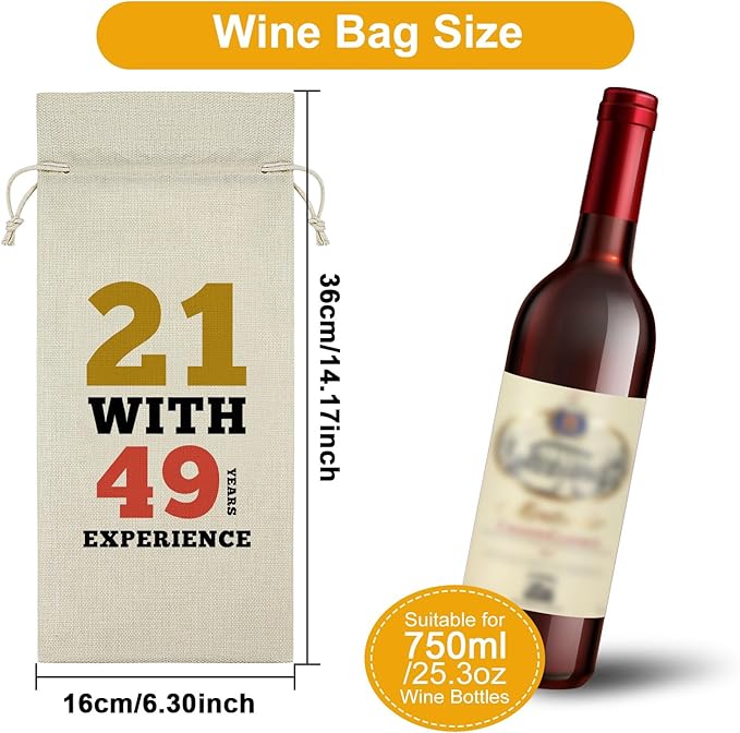 Sazuwu Funny 70th Birthday Gifts Wine Bag 70 Year Old Birthday Gifts for Friend 1954 Birthday Gifts Wine Bottle Decoration Bag 21 with 49 Years Experience Wine Accessories Gifts for Wine Lovers