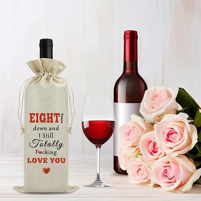 8th Anniversary for Couple Wine Bag Wedding Gift 8 Years of Marriage Gift for Women Men Drawstring Wine Wrapping Bag 8th Anniversary Keepsake Gift Birthday Christmas Valentine Gift Wine Gift Bag