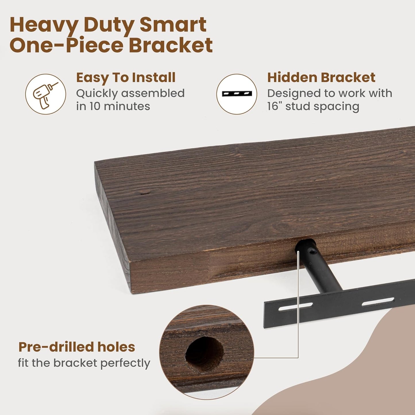 Floating Shelves for Wall Decor, Rustic Solid Elm Wood Floating Shelves Wall Mounted, Wall Shelves with Invisible Bracket for Living Room Bathroom Bedroom Kitchen, 24 Inch Set of 2, Walnut