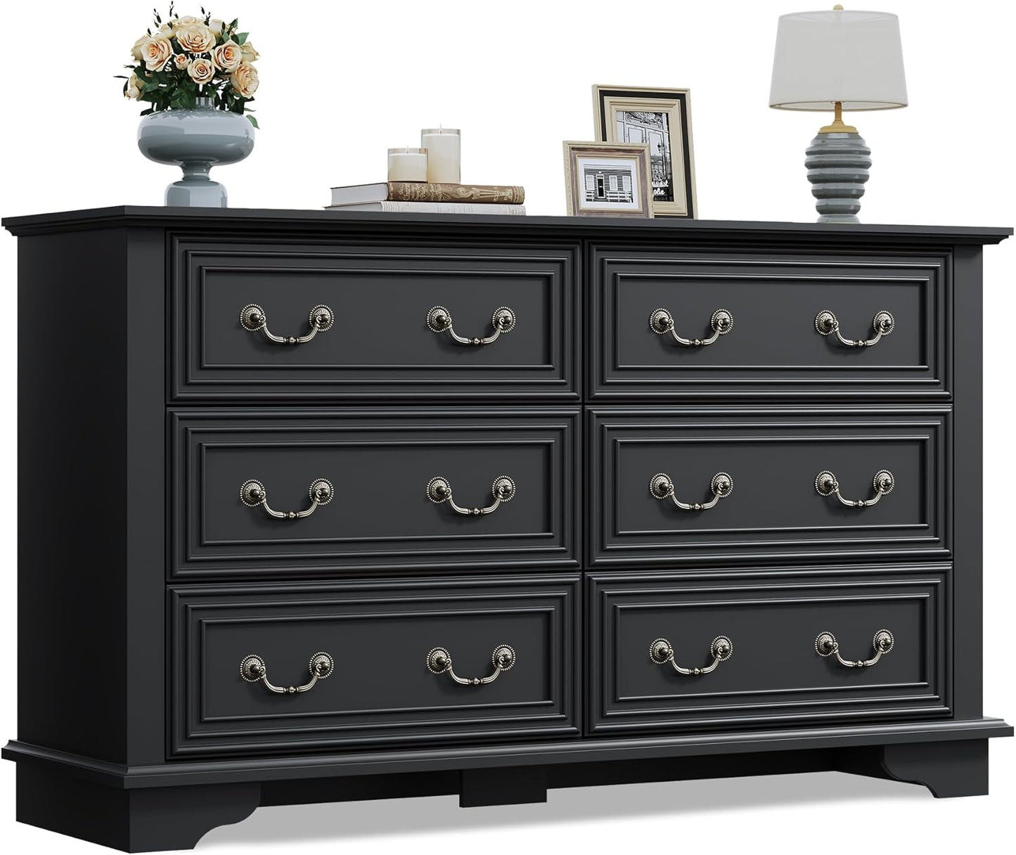 WLIVE Farmhouse Dresser for Bedroom, 51.97'' Wide Wood 6 Drawer Dresser, Chest of Drawers with Roman Metal Handle, TV Stand for 60 inch TV, for Living Room, Hallway, Black
