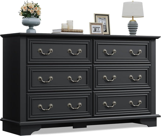 WLIVE Farmhouse Dresser for Bedroom, 51.97'' Wide Wood 6 Drawer Dresser, Chest of Drawers with Roman Metal Handle, TV Stand for 60 inch TV, for Living Room, Hallway, Black
