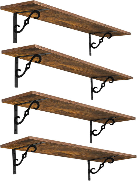 DINZI LVJ Long Wall Shelves, 31.5 Inch Large Floating Shelves Set of 4, Wide Display Shelf Wall Mounted with Brackets, Easy Hanging for Living Room, Toilet, Office, Bedroom, Rustic Brown