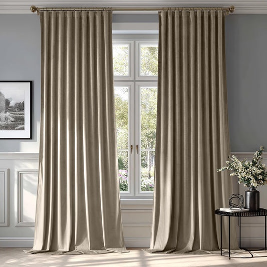 MIULEE Taupe Velvet Curtains 96 inches 2 Panels - Luxury Room Darkening Window Drapes for Bedroom Living Room Thermal Insulated Super Soft Blackout, Back Tab Rod Pocket Pinch Pleated, W52 x L96