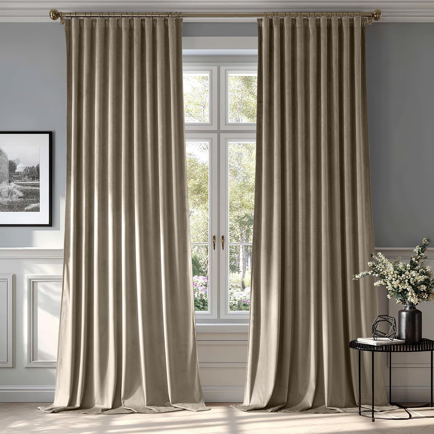 MIULEE Taupe Velvet Curtains 90 inches 2 Panels - Luxury Room Darkening Window Drapes for Bedroom Living Room Thermal Insulated Super Soft Blackout, Back Tab Rod Pocket Pinch Pleated, W52 x L90