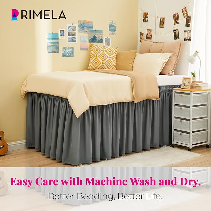 RIMELA Dorm Bed Skirt Twin XL 18 Inch Drop, Extra Long Wrap Around Elastic Bed Skirts Easy to Put On Twin Size Dust Ruffle, Gray Bedskirt for Adjustable Bed Base Solid Silky Fabric Machine Washable
