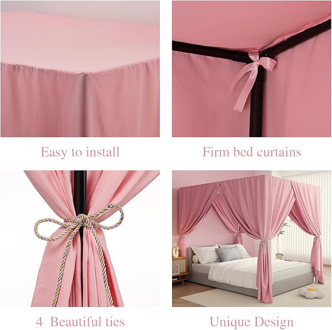Pink Canopy Bed Curtains - 4 Corner Post Bed Curtains Twin Lightproof Drapes Bed Canopy Curtains with Tie Backs for Adults & Girls Bedroom Decoration(Pink,Twin)