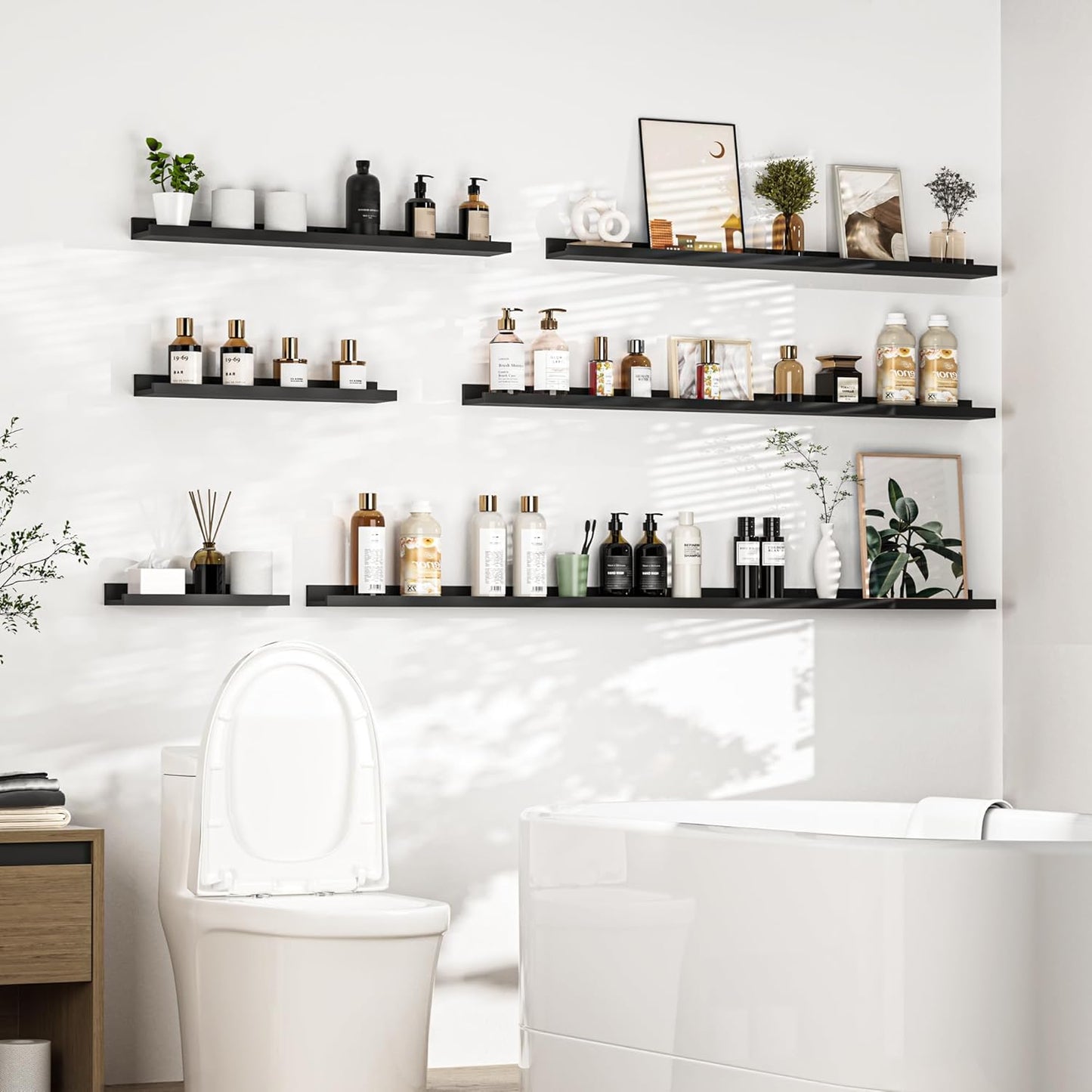 Heimlove Picture Ledge Shelf, Floating Shelves Set of 2, 48 Inches Picture Shelf for Wall with Ledge, Kids Bookshelf Wall Mounted for Living Room Bedroom Decor Books Photo Frames, Black