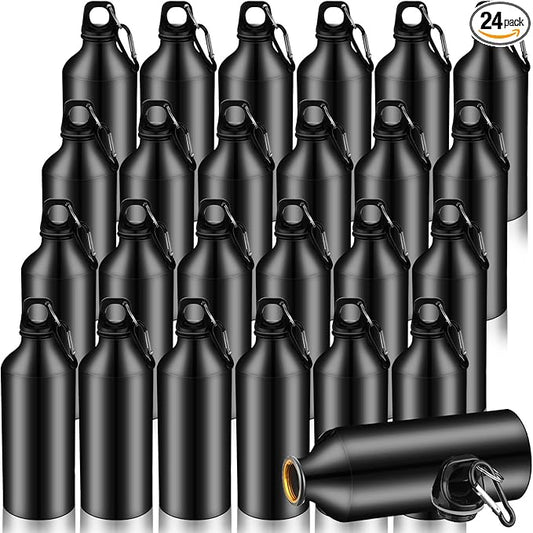 Nuogo 24 Pieces Aluminum Water Bottle 20 oz Lightweight Reusable Water Bottle Bulk Leak Proof Aluminum Water Bottles with Twist Cap and Buckle for Bike Travel Sports Camping (Black)