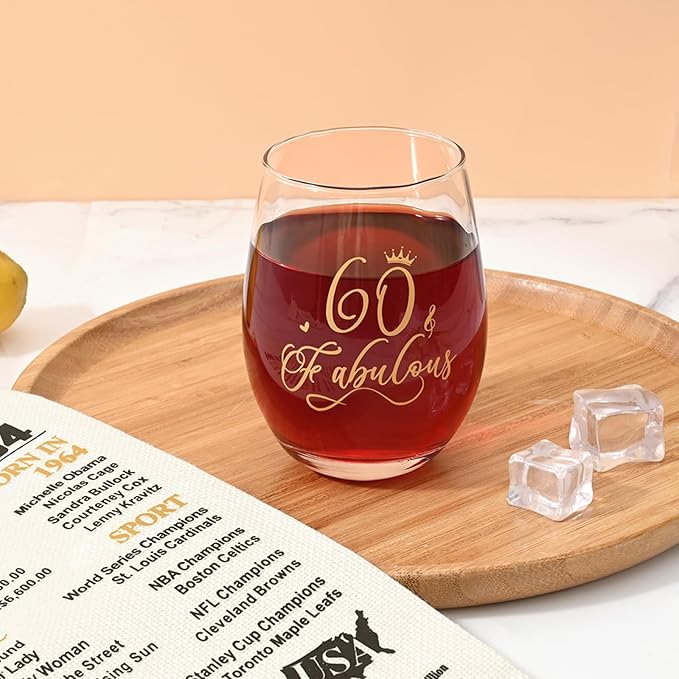 DAZLUTE 60th Birthday Gifts for Women, 60 & Fabulous Wine Glass with 1 Pack Reusable Burlap Wine Bag, 60 Year Old Wine Glass Birthday Gift for Women Mom Friend Sister Wife Aunt Grandma, 17 Oz Gold