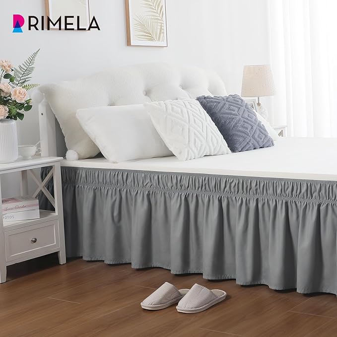 RIMELA Bed Skirt King Size Light Grey Bed Skirt 12 Inch Drop, Wrap Around Elastic Adjustable Bedskirt, Dust Ruffle for Bed Frame & Box Spring Soft Durable Fabric Machine Washable Easy to Install