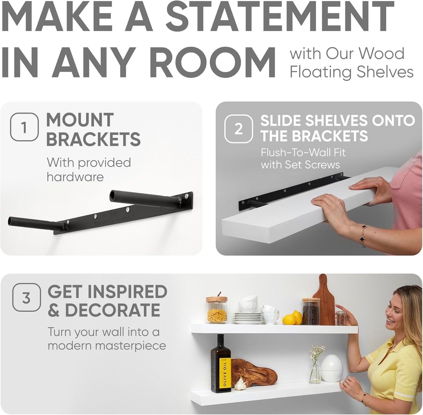 Homeforia White Floating Shelf 48 inches, High End Solid Real Wood 48inch Long Floating Shelves for Wall Mounted, White Wooden 48in Floating Shelves, Heavy Duty Bracket, 48 X 6.5 X 1.75 inch, Set of 2