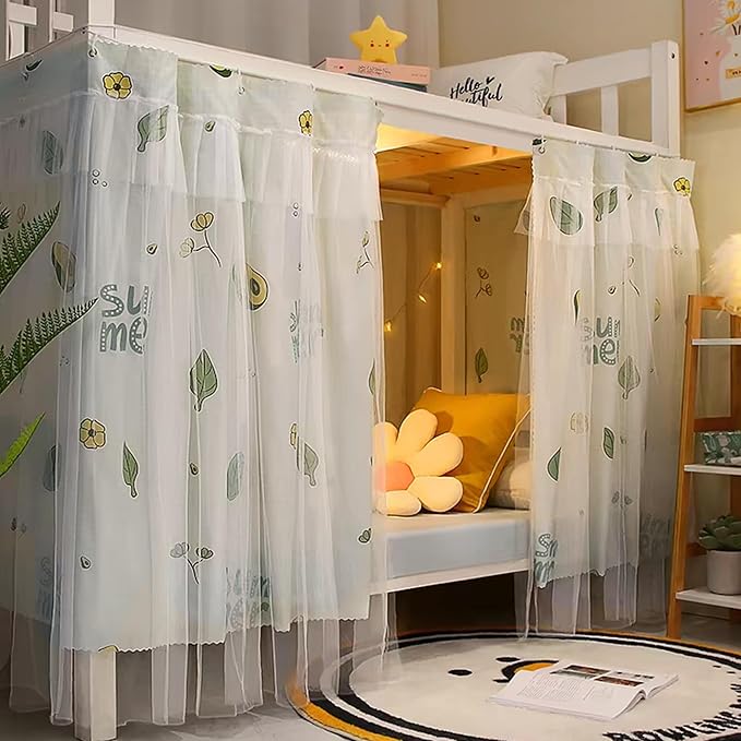 Beautiful Gauze Bunk Bed Curtains Drapes with Lace Privacy Bed Canopy for Bottom, 2 Panels, Avocado