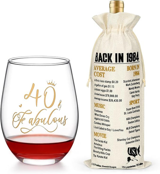 DAZLUTE 40th Birthday Gifts for Women, 40 & Fabulous Wine Glass with 1 Pack Reusable Burlap Wine Bag, 40 Year Old Wine Glass Birthday Gift for Women Mom Friend Sister Wife Aunt Coworker, 17 Oz Gold