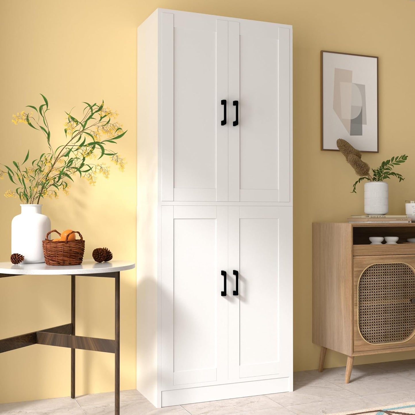 White Kitchen Pantry, 71" Tall Cabinet with Doors, Hutch with Storage for Dining Room