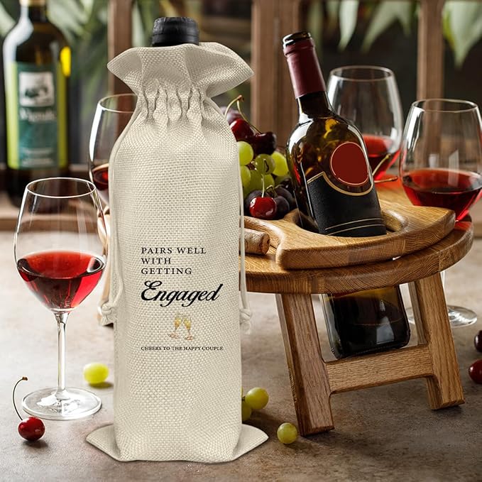 HOIJAUMAI Engagement Gift for New Couples, Engagement Wine Bag Wedding Gift for Mr and Mrs, Pairs Well with Getting Engaged Burlap Drawstring Wine Bag Champagne Wine Gift Bag