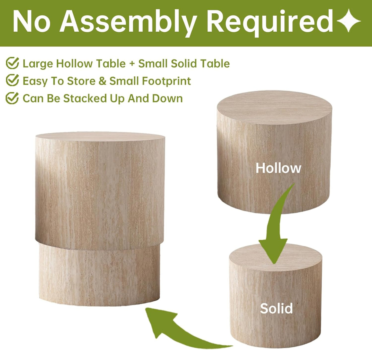 Round Nesting Coffee Table, Drum Wood Coffee Table Set of 2 Travertine-Color, Modern Nesting Tables Circle Center Table 2 Piece for Small Spaces Living Room Bedroom Balcony Office, No Assembling