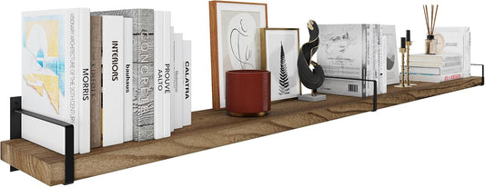 Wallniture Toledo 84 inch Floating Shelf with Heavy Duty Bookend Brackets, Wooden Shelves for Wall, 1pc, Burnt Finish