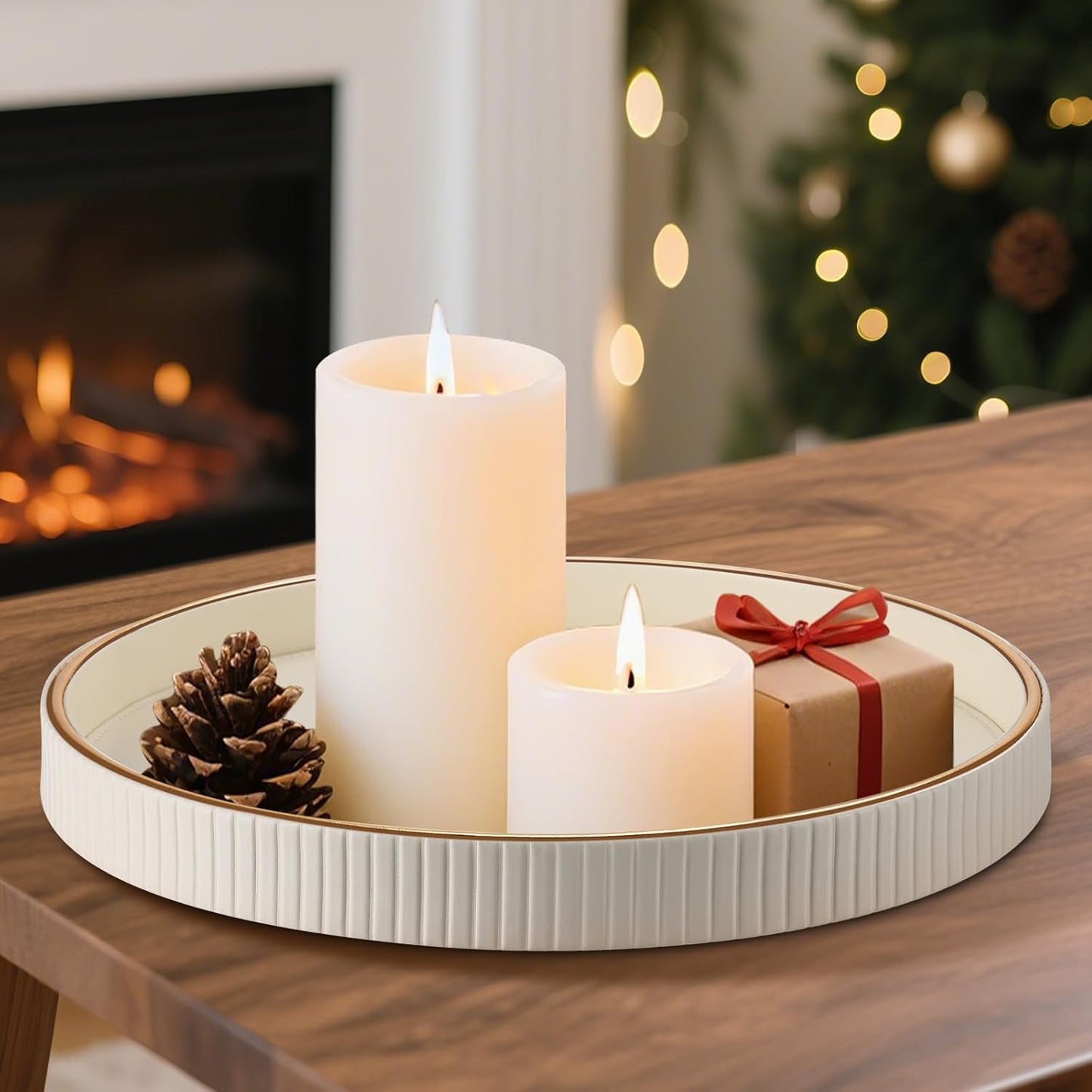 KINGFOM Decorative Serving Tray, PU Leather Valet Nightstand Desk Organizer for Men Women, Round Tray Decor for Coffee Table/Home Decor, Modern Decorative, Centerpiece (Ivory White)