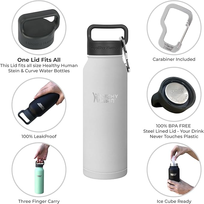 Healthy Human Stainless Steel Water Bottle | Double Walled Vacuum Insulated Water Thermos for Adults | Eco-Friendly Travel Bottles with Leak Proof Lid (Pure White, 21 oz/ 621 ML)