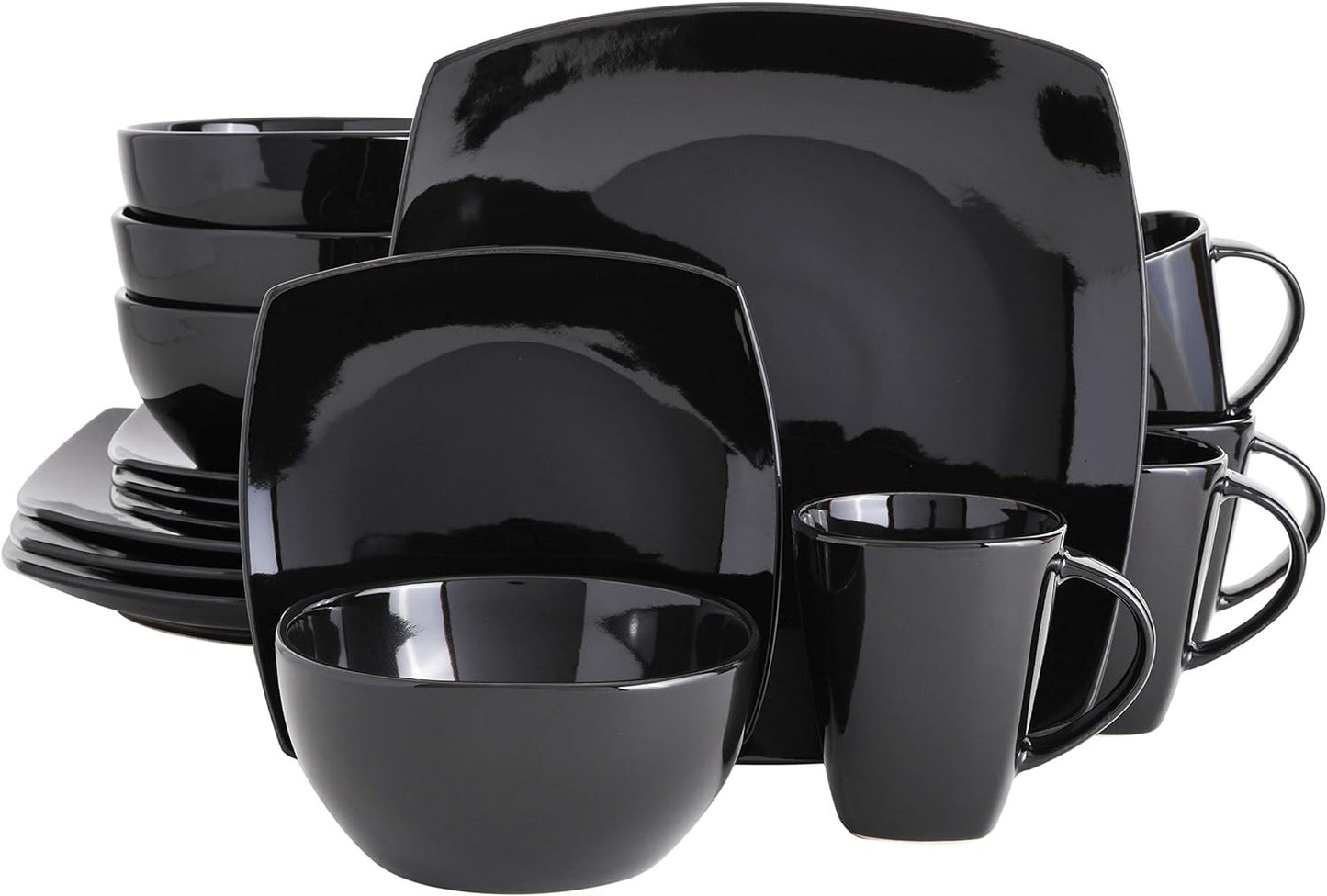Gibson Elite Soho Lounge Square Reactive Glaze Stoneware Dinnerware Set, Service for 4 (16pc), Black