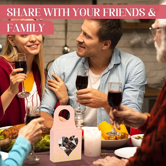 Megitzuu 50 Pieces Wine Bottle Box with Window, Pink Wine Boxes for Gifts Hanging Foldable Wine Gift Boxes Kraft Paper Wine Bottle Hanger Favor Box for Holding Candy Truffles Chocolate Cookies