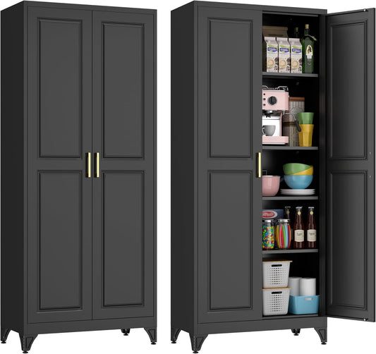 75" Kitchen Pantry Cabinet, Black Metal Storage Cabinets with 2 Doors and 4 Adjustable Shelves, Tall Pantry Storage Cabinet for Kitchen, Dining Room, Living Room