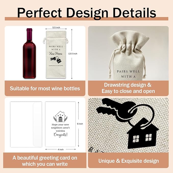 Housewarming Wine Gift Bags & Card, First New Home House Gifts for Women Men Wife Husband Friend Home Owner, 1 pcs Reusable Burlap Wine Gift Bags for Wine Bottles, Housewarming Party Decor Favor -33