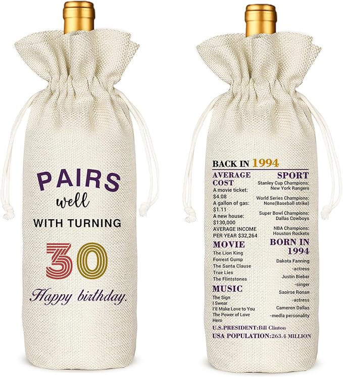 Socive 30th Birthday Gift for Women Men,30th Birthday Wine Bag,1994 Birthday Wine Bag,30 Years Old Birthday Party Decor Gift(30 BIRTHDAY)
