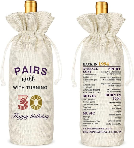 Socive 30th Birthday Gift for Women Men,30th Birthday Wine Bag,1994 Birthday Wine Bag,30 Years Old Birthday Party Decor Gift(30 BIRTHDAY)