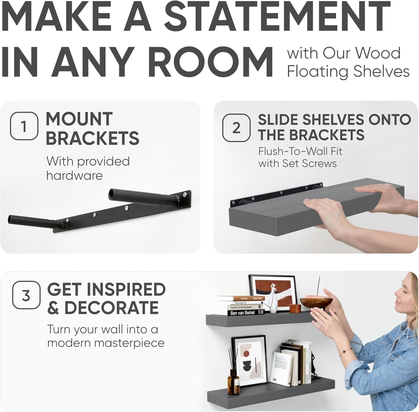 Homeforia 24inch Gray Floating Shelves for Wall, High End Solid Real Wood 24in Floating Shelf for Bathroom, Grey Wooden 24 inch Long Floating Shelves, Heavy Duty Bracket, 24 X 6.5 X 1.75 in, Set of 2