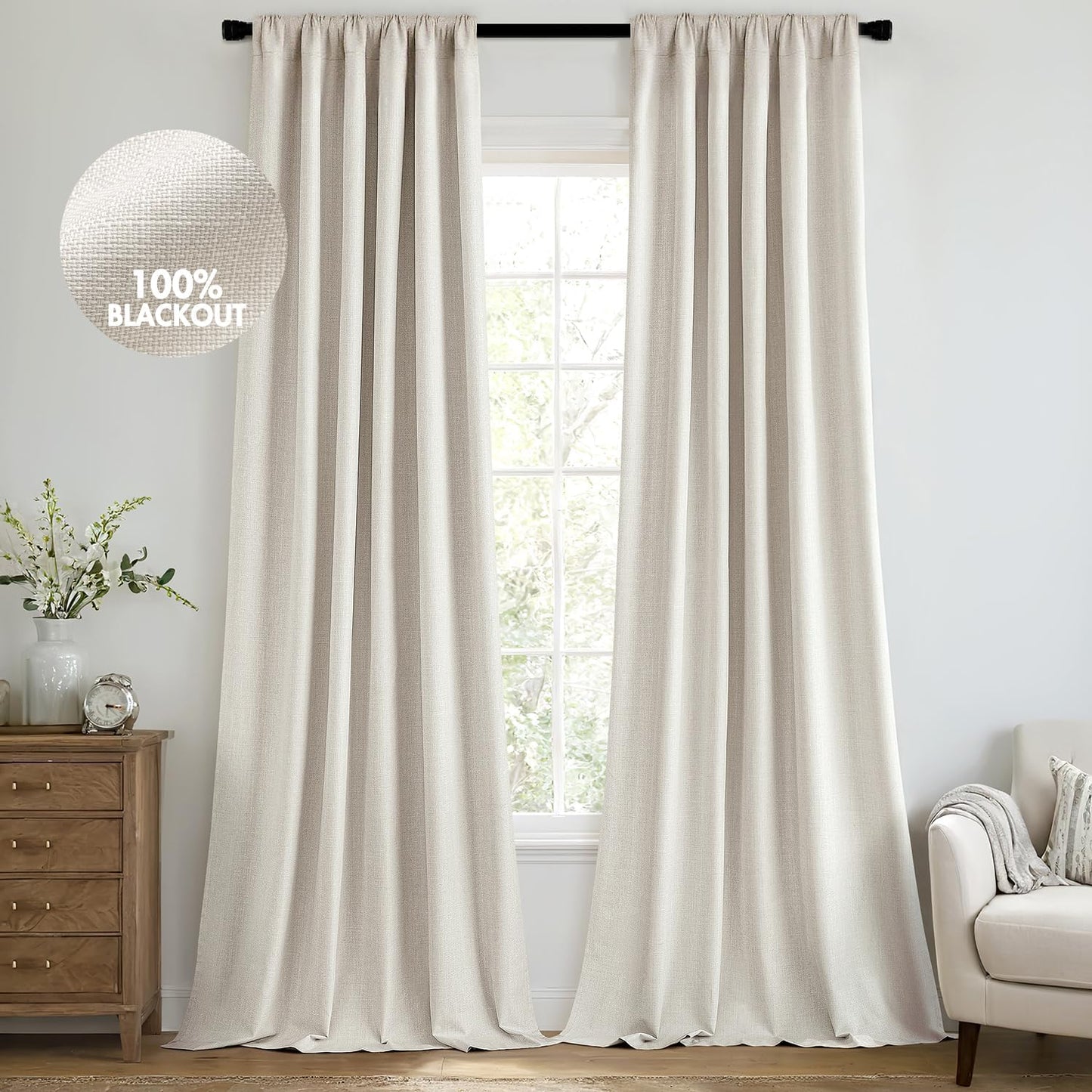 MIULEE 100% Blackout Curtains 102 Inch Long 2 Panels Set for Bedroom, Thick Luxury Faux Linen Black Out Curtain Room Darkening Back Tab Pleat Window Textured Drapes with Hooks for Living Room, Birch