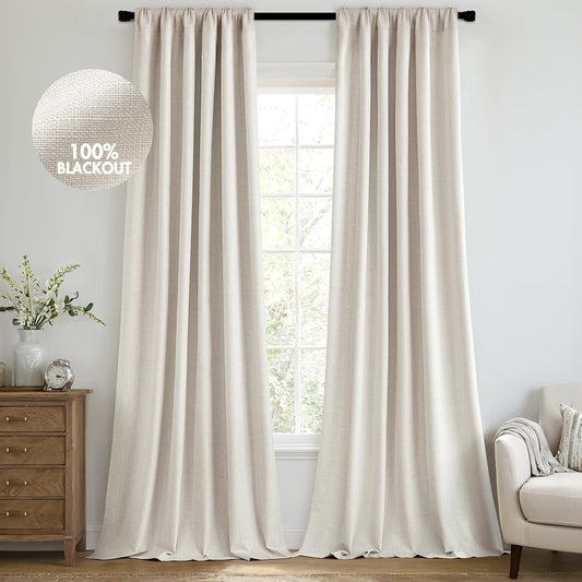 MIULEE 100% Blackout Curtains 120 Inch Long 2 Panels Set for Bedroom, Thick Luxury Faux Linen Black Out Curtain Room Darkening Back Tab Pleat Window Textured Drapes with Hooks for Living Room, Birch