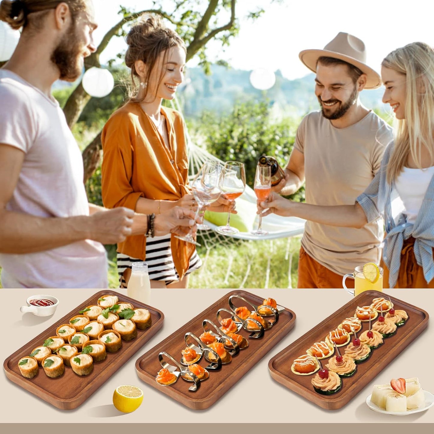 Medium Acacia Wood Serving Trays Long Charcuterie Boards Wood Snack Platter Rectangular Cookie Appetizer Plates Serving Cheese Board Rectangle Kitchen Dinner Platters for Food Dish Cake Dessert Tray