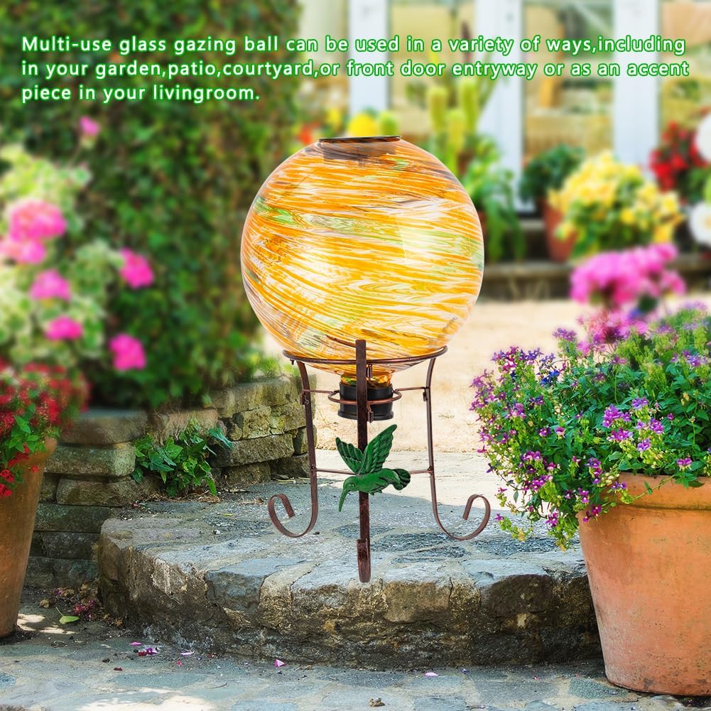 10" Diameter Solar Gazing Ball and 8.5" Metal Stand Indoor Outdoor Garden Ornament Glass Globe Sphere Yard Art Gazing Globe for Garden,Home,Lawn,Porch,Patio Birthday Gift for Women(Orange)