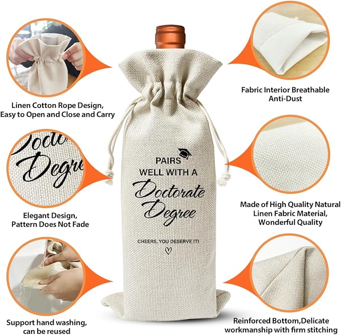 Doctorate Degree Gift Wine Bag, Pairs Well With A Doctorate Degree, Graduation Gift For Son Daughter, Phd Graduation Gift, College Graduation Party Decor, Cotton Linen Wine Gift Bag With Drawstring