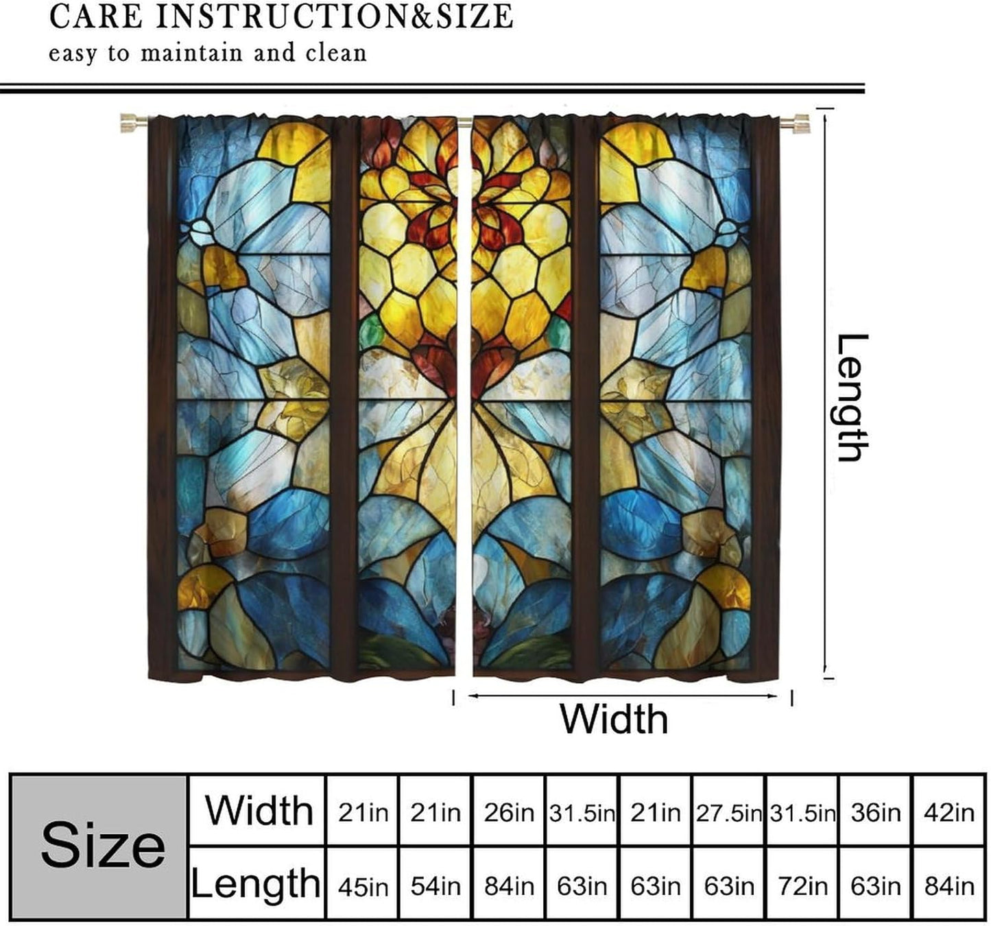 Stained Glass Curtains,Retro Abstract Colorful Art Home Decor Drapes for Bedroom Living Room Kitchen Window Treatment 2 Panels Set Total Size 63" W X 63" L Inch