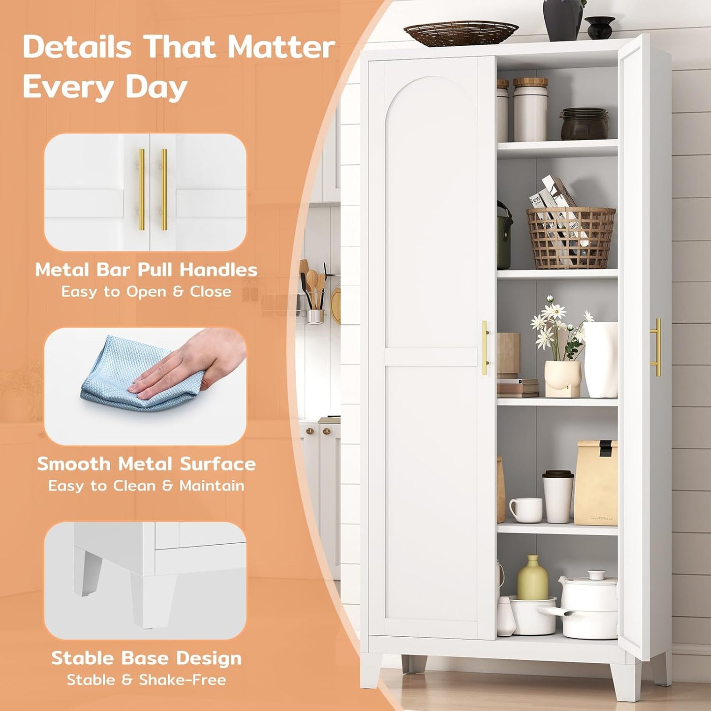 70.87" H Metal Kitchen Pantry Cabinet, Freestanding Cupboard with 2 Doors and 4 Adjustable Shelves, Tall Metal Storage Cabinet for Kitchen, Bathroom, Dinning Room or Laundry Room （White）