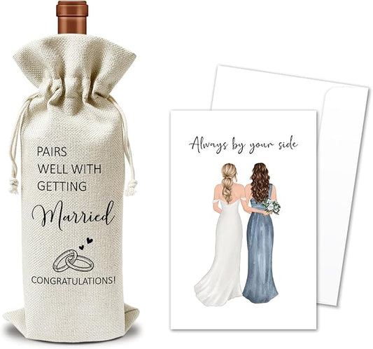Wedding Wine Gift Bags & Card, Bridal Shower Gift Engagement Gifts for Bride Bride-to-be Newly Engaged Couples Friends, 1 pcs Reusable Burlap Wine Gifts Bags for Wine Bottles, Wedding Party Favor -04