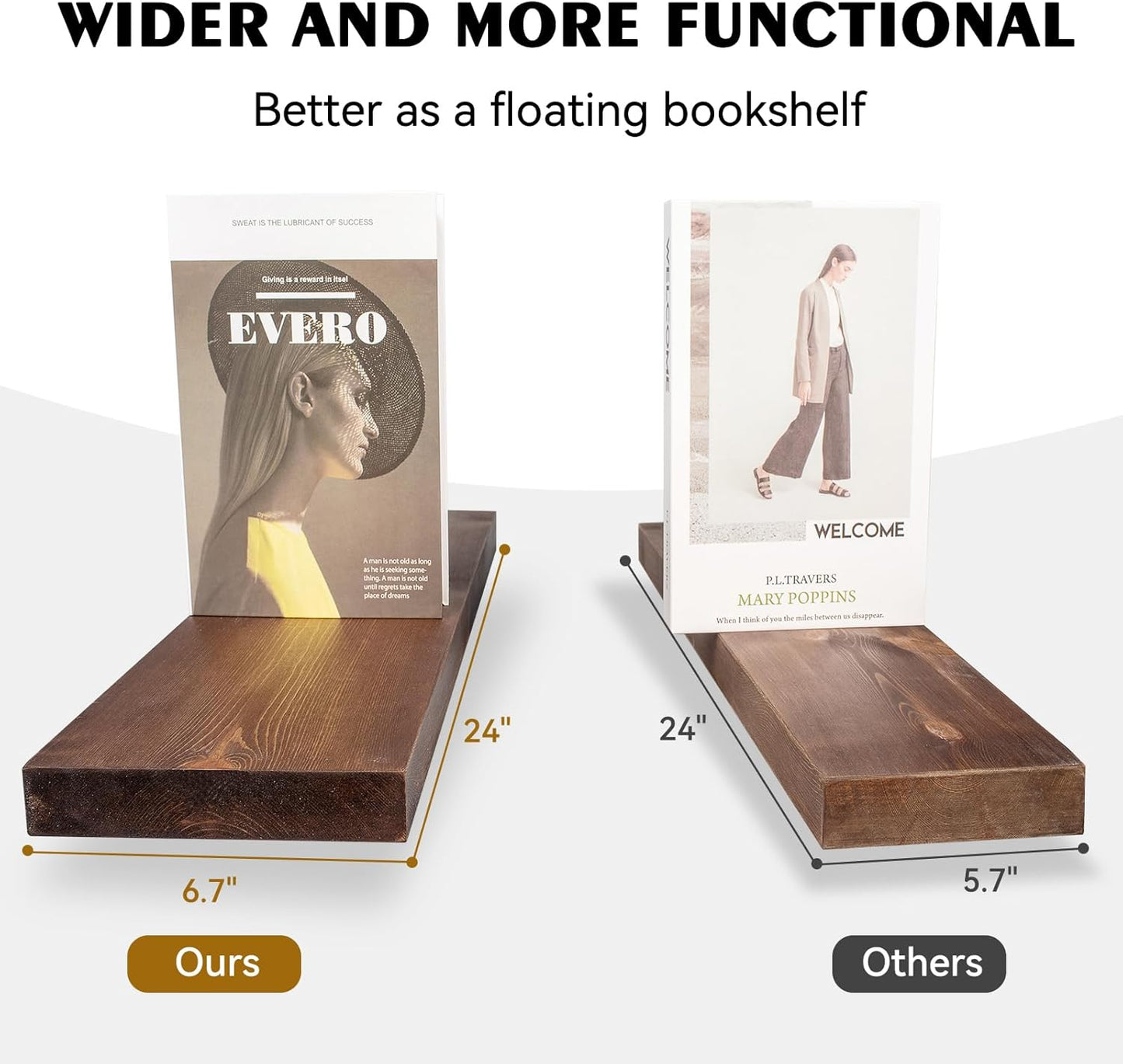 BGMG Wood Floating Shelves for Wall 24 inch Set of 2, Rustic Wooden Wall Mount Shelves for Bathroom Living Room Bedroom Kitchen Farmhouse -24x 6.7 x1.25 inch- Walnut Color