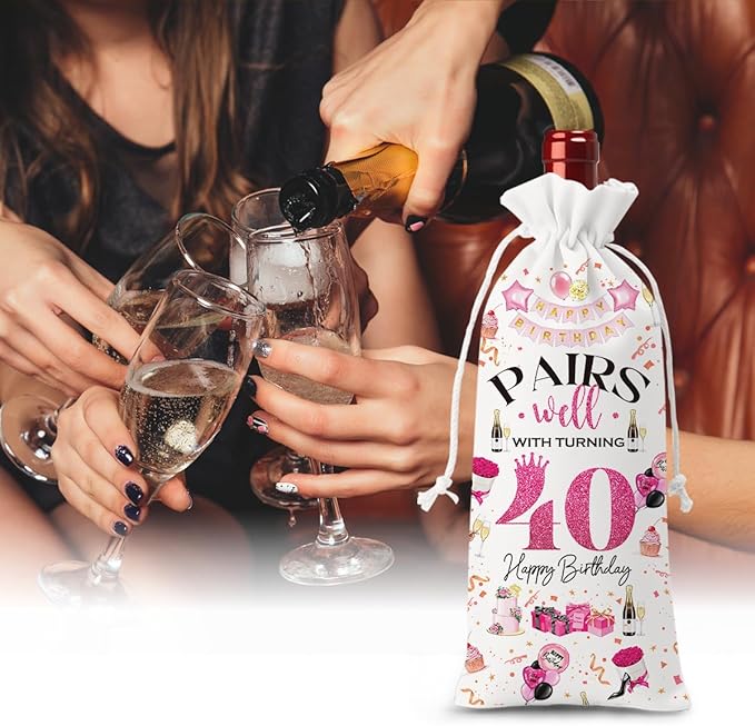 40th Birthday Gifts Women Men Wine Bag, 40 Year Old Birthday Gifts for Women Men, Happy 40th Birthday Party Decorations Woman Man, Pairs Well with Turning 40 Wine Bags (White Pink)