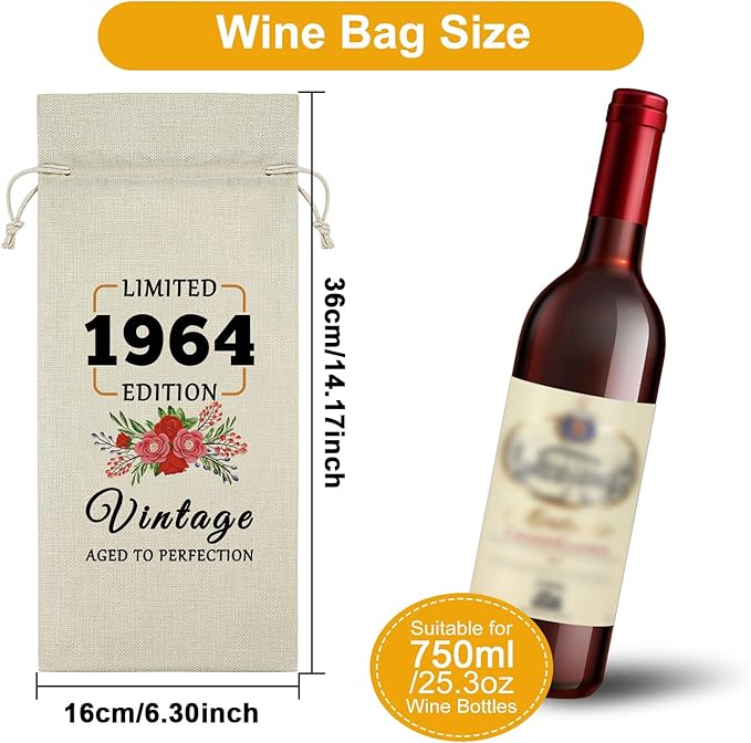 60th Birthday Gifts for Women Born in 1964 Wine Bag 60 Year Old Birthday Gifts for Men Gag Gifts for Someone Turning 60 Wine Bottle Storage Bag Birthday Presents for Mom Dad