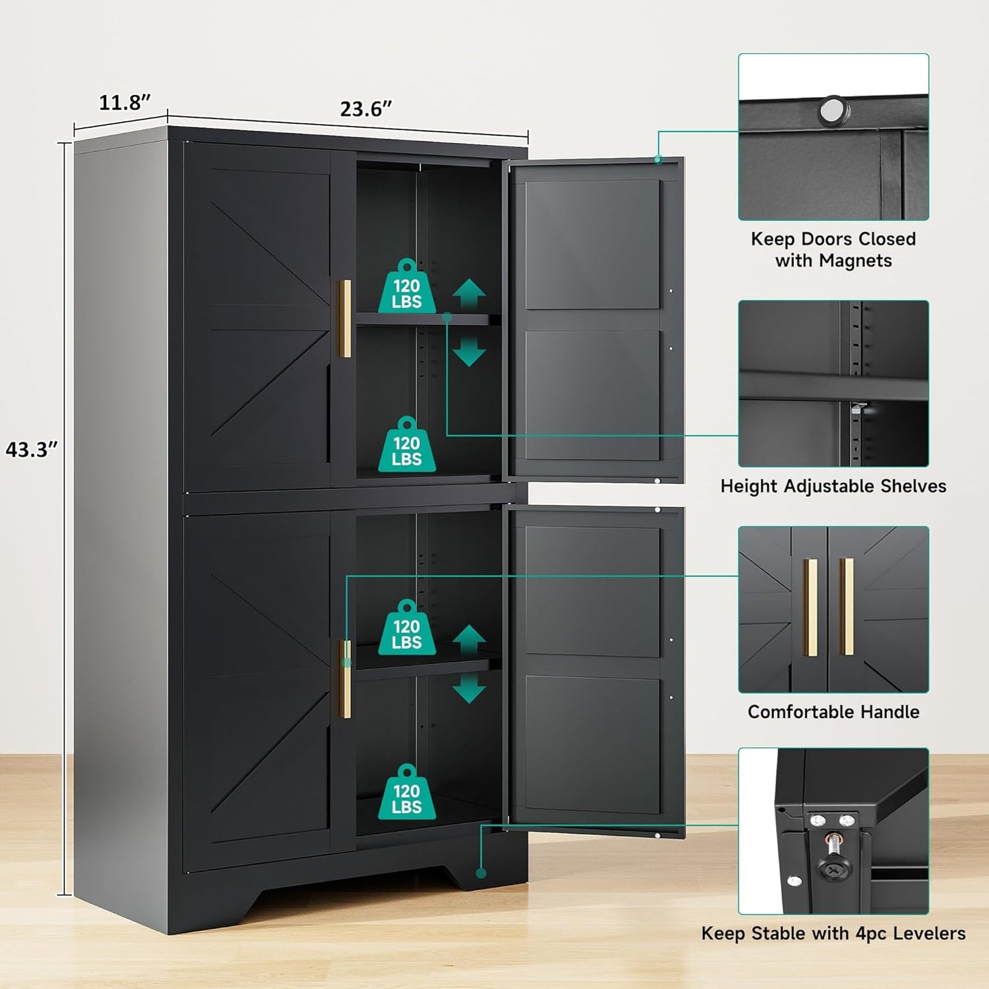 SISESOL Black Storage Cabinet with 4 Doors and 2 Adjustable Shelves,Farmhouse Food Pantry Cabinets,Small Bathroom Cabinet,4 Tier Metal Storage Cabinets for Home Kitchen,Dining/Living/Laundry/Room