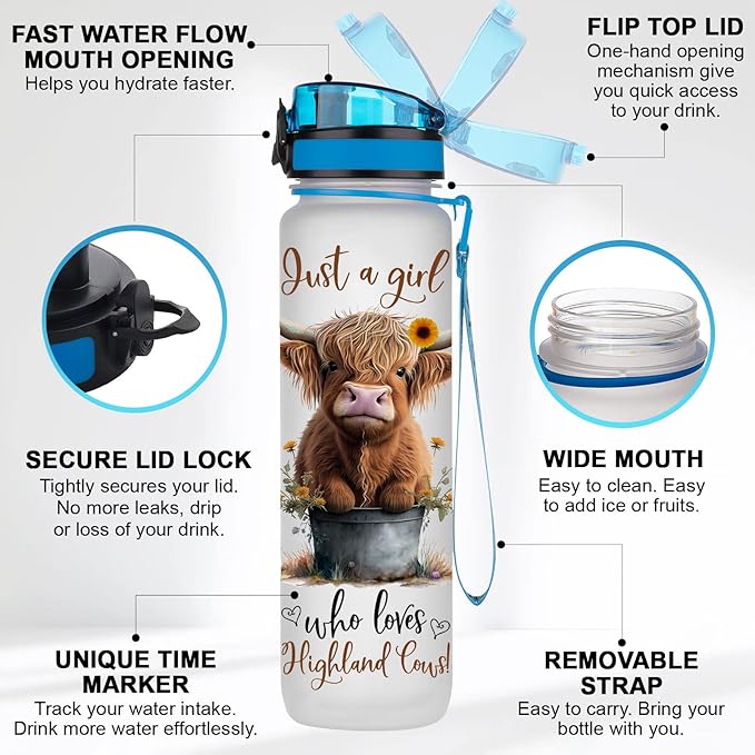 Highland Cow Gifts, Highland Cow Water Bottle 32 oz with Time Marker, Just A Girl Who Loves Cow Tumbler, Cow Gifts for Cow Lovers Women