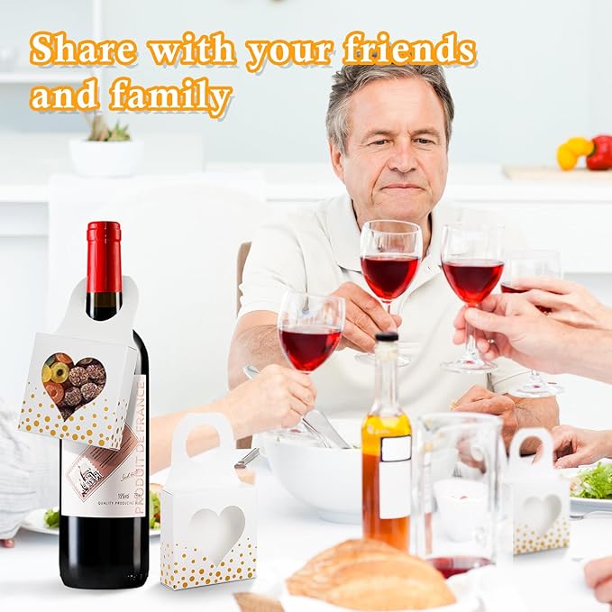 ISKYBOB 25 Pieces Wine Bottle Box with Window, Gold Foil Wine Boxes for Gifts Hanging Wine Bottle Gift Box Foldable Wine Bottle Hanger Favor Box for Holding Candy Truffles Chocolate Cookies (White)