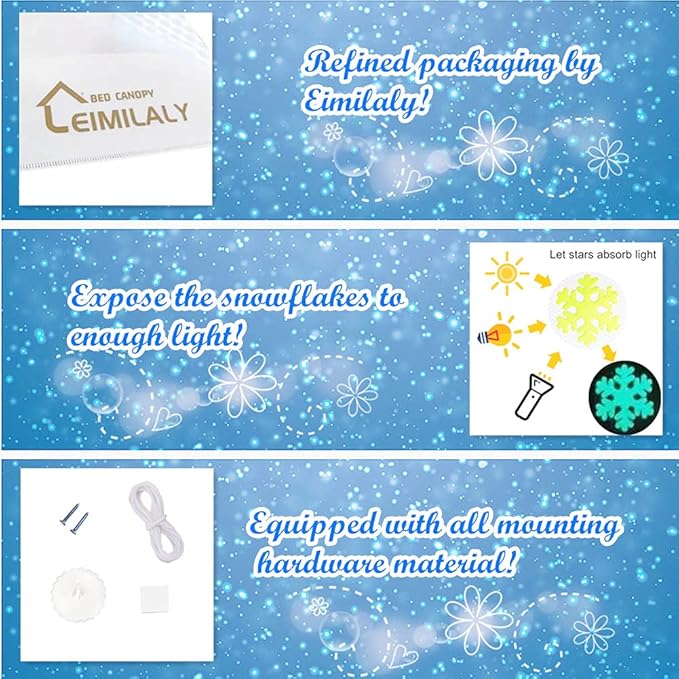 Eimilaly Princess Bed Canopy Glow in The Dark, Christmas Snowflakes Bed Canopy for Girls Room Decor, Encrypted Fabric, Pink