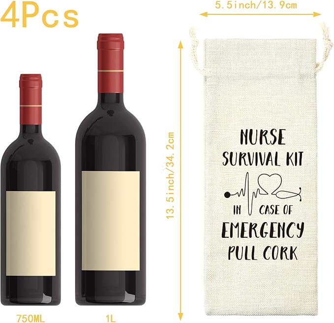 PLIGREAT 4 Pcs Cotton Linen Wine Bags, Reusable Wine Gift Bags with Drawstrings, Wine Bottle Bags Bulk Congrats Gifts Bags for Nurses Thanksgiving Christmas Gifts Bags, Fun Quotes Wine Bag