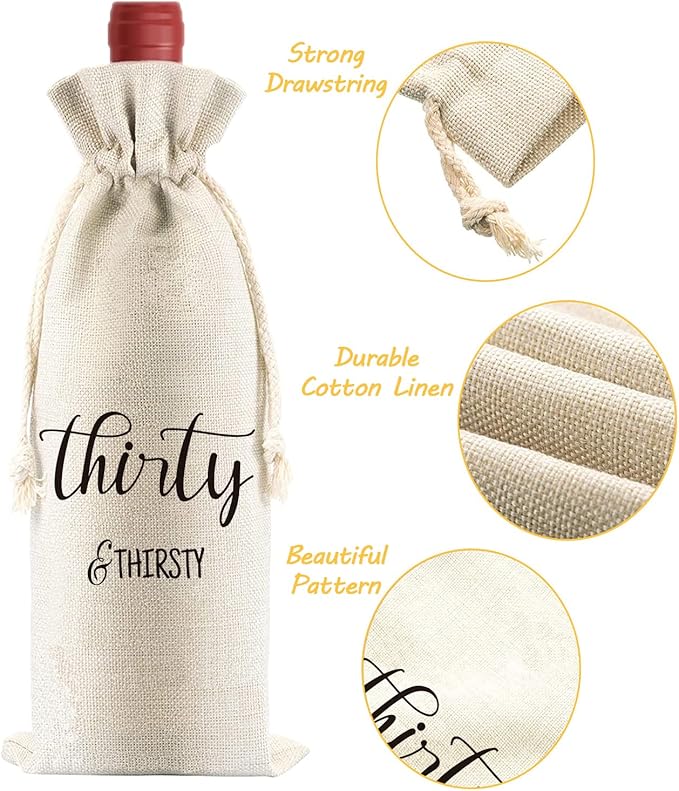 PLIGREAT 4 Pcs Cotton Linen Wine Bags, Reusable Wine Gift Bags with Drawstrings, Wine Bottle Wrap Bags Bulk Congrats Gifts Bags for 30th Birthday Party Thanksgiving Christmas Gifts Bags