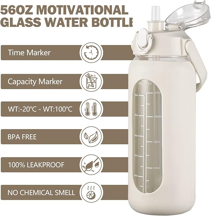 kytffu 56oz Glass Water Bottles with Straw, Motivational Glass Bottle with Silicone Sleeve and Time Marker, Leakproof Large Glass Water Jug for Gym Home Office,White