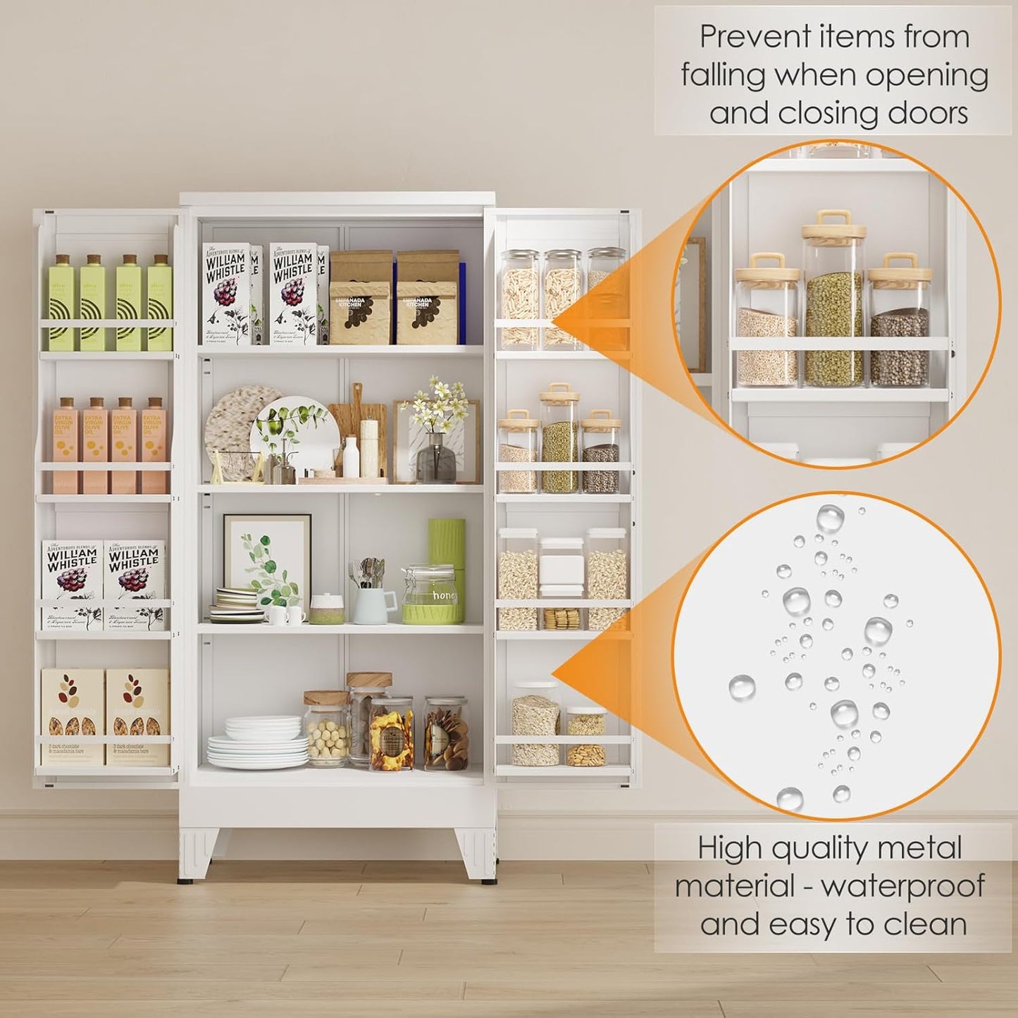 51" Kitchen Pantry Cabinet, Metal Storage Cabinet with 3 Adjustable Layer Shelves, 8 Door Shelves, Buffet Sideboard for Living Room, Kitchen, White