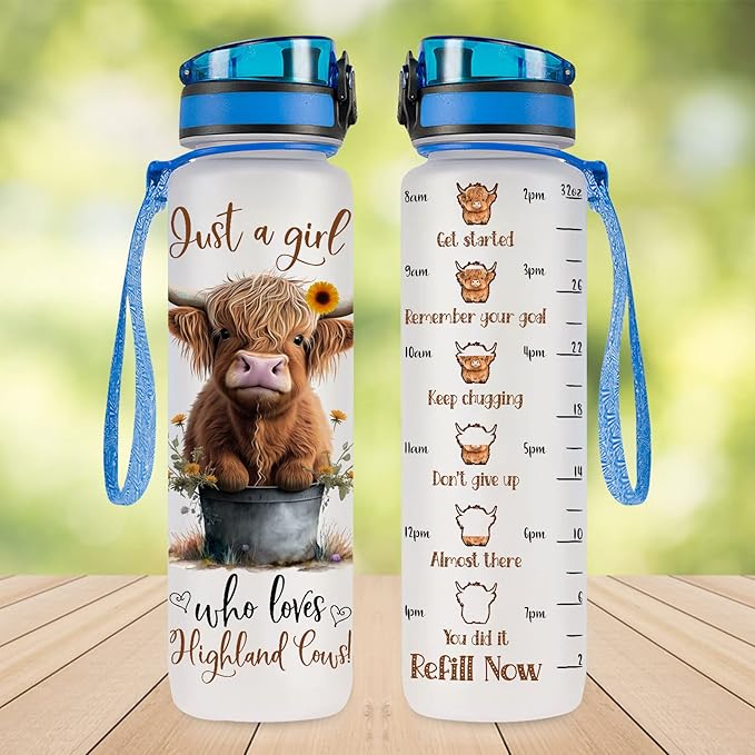 Highland Cow Gifts, Highland Cow Water Bottle 32 oz with Time Marker, Just A Girl Who Loves Cow Tumbler, Cow Gifts for Cow Lovers Women